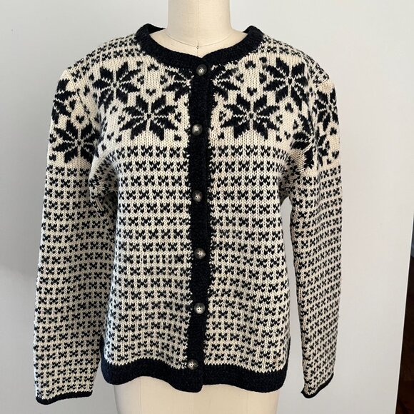 Point Zero Nicole Benisti Women's 100% Wool Cardigan Snowflakes Button-Up M - Picture 1 of 9